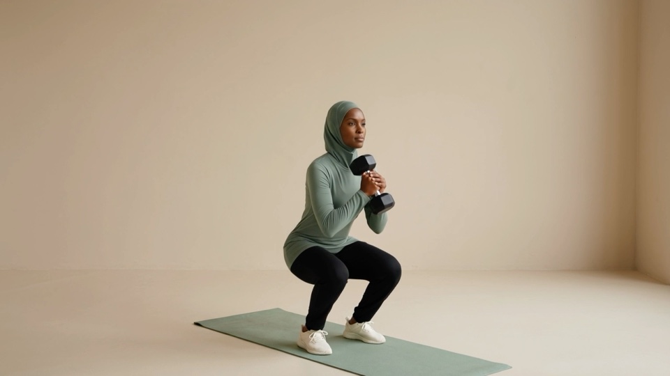 Coach Sakina demonstrating a goblet squat with a dumbbell